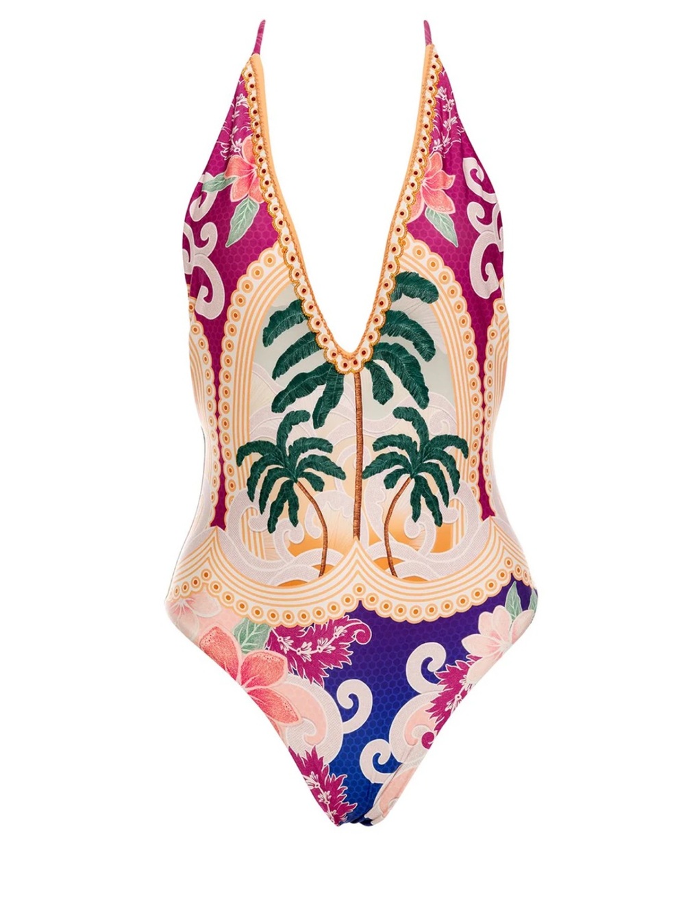Agua Bendita Palm & Floral Deep-V One-Piece in Purple, Pink & Green
